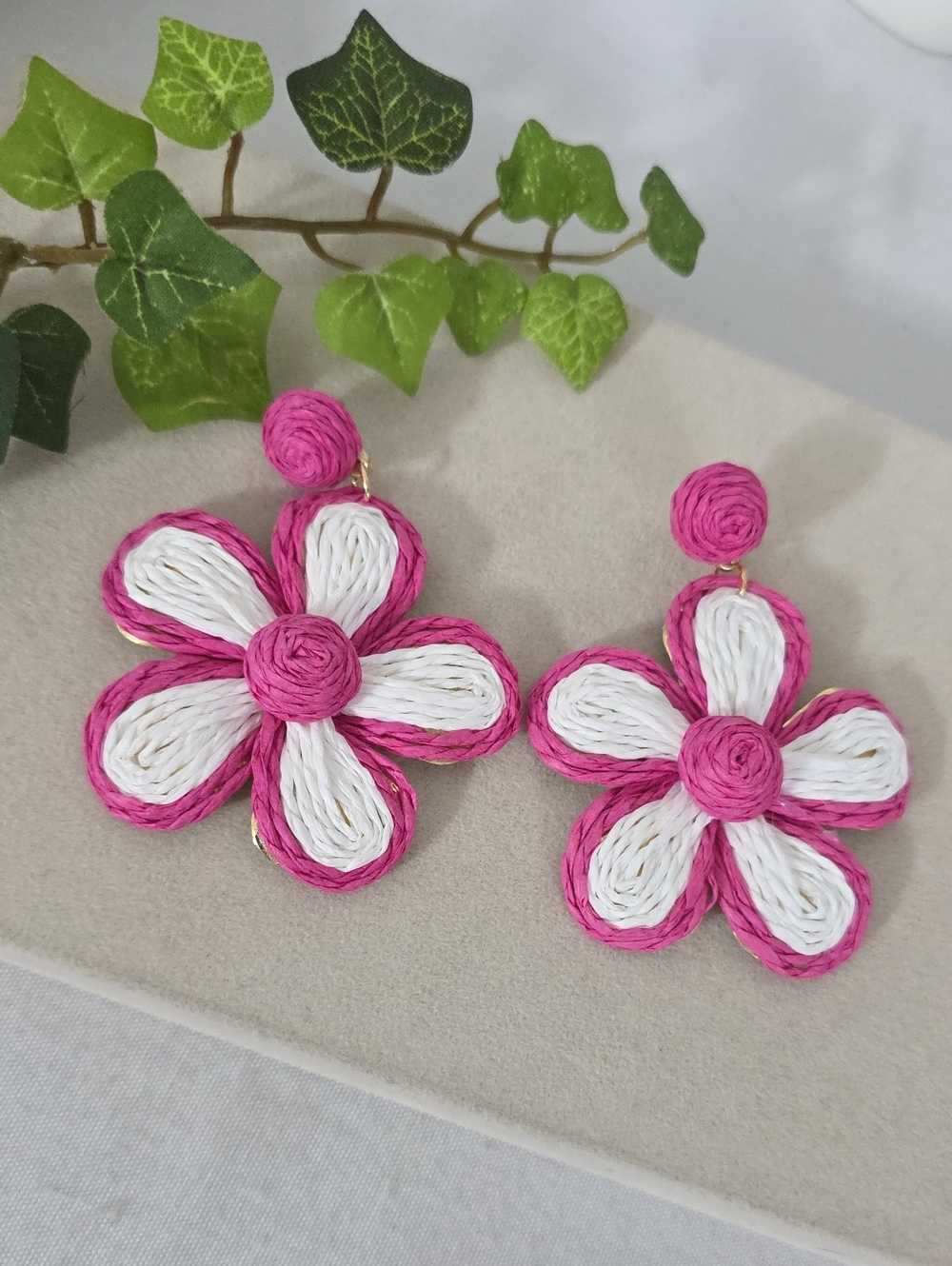 Barbie Pink And White Rattan Statement Flower Earrings